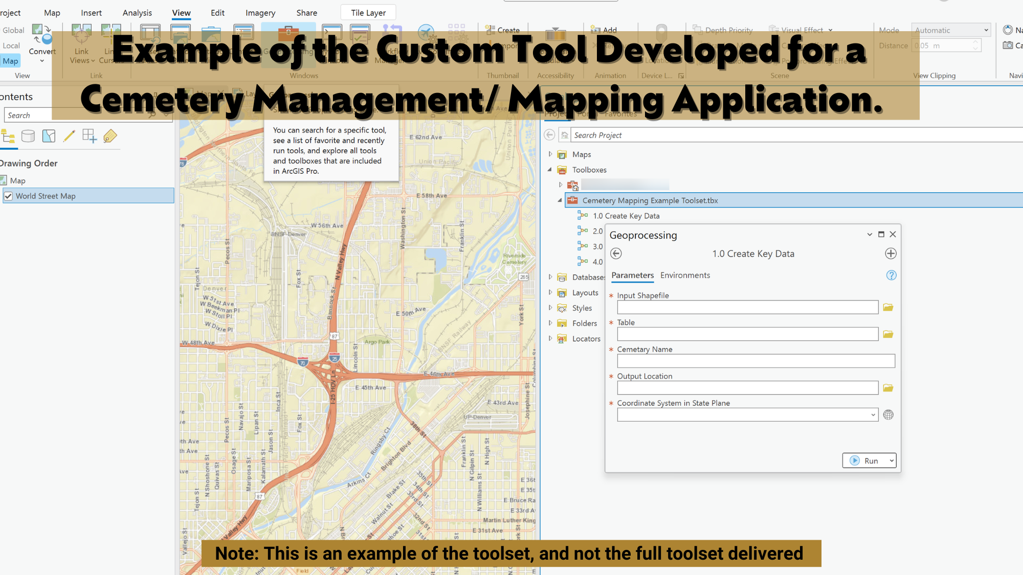Example of the Custom GIS Toolset for Cemetery Mapping: ArcGIS Pro interface showing the Cemetery Mapping Example Toolset with multiple processing steps