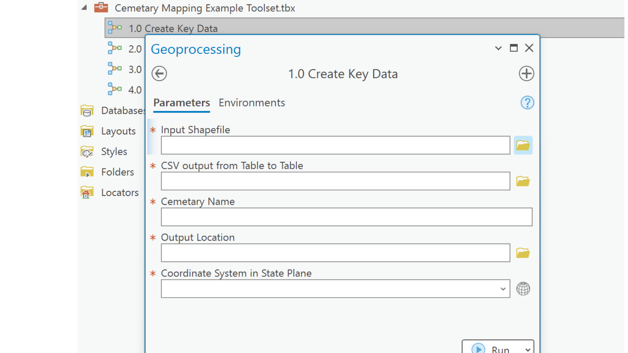 ArcGIS Pro Geoprocessing tool UI showing Cemetery Mapping Example Toolset: Create Key Data step with parameters for Input Shapefile, CSV output, Cemetery Name, Output Location, and Coordinate System