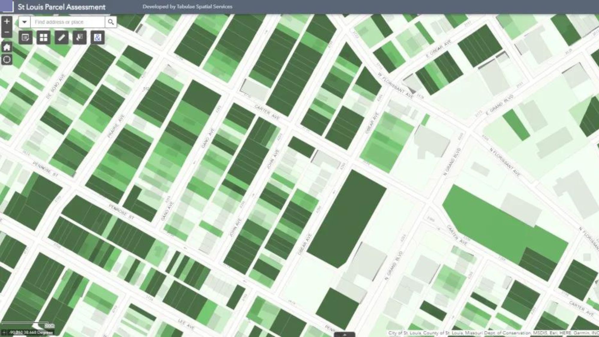 St. Louis Parcel Assessment web application showing parcels shaded by permeability score