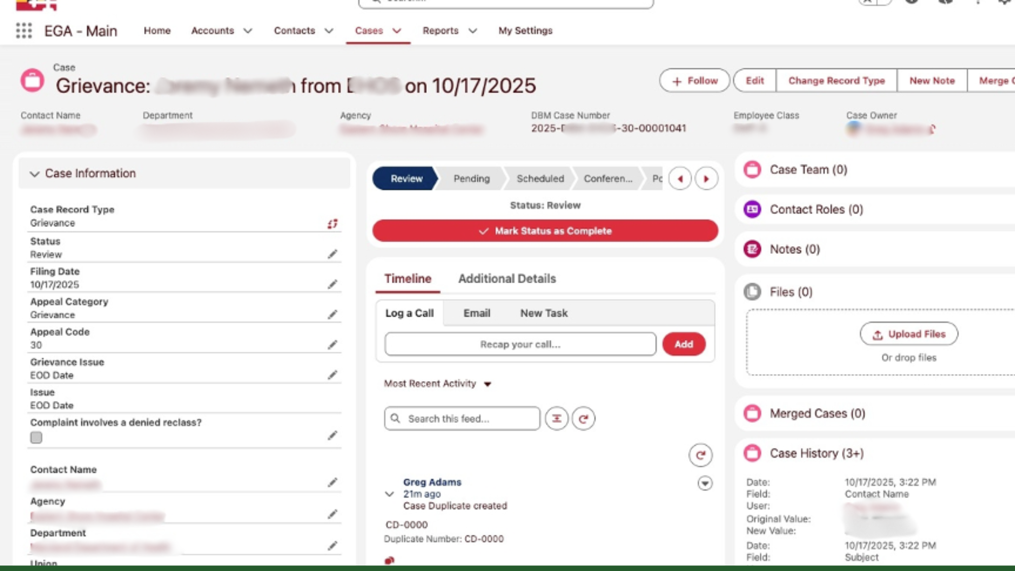 Salesforce case management interface showing grievance record with status tracking