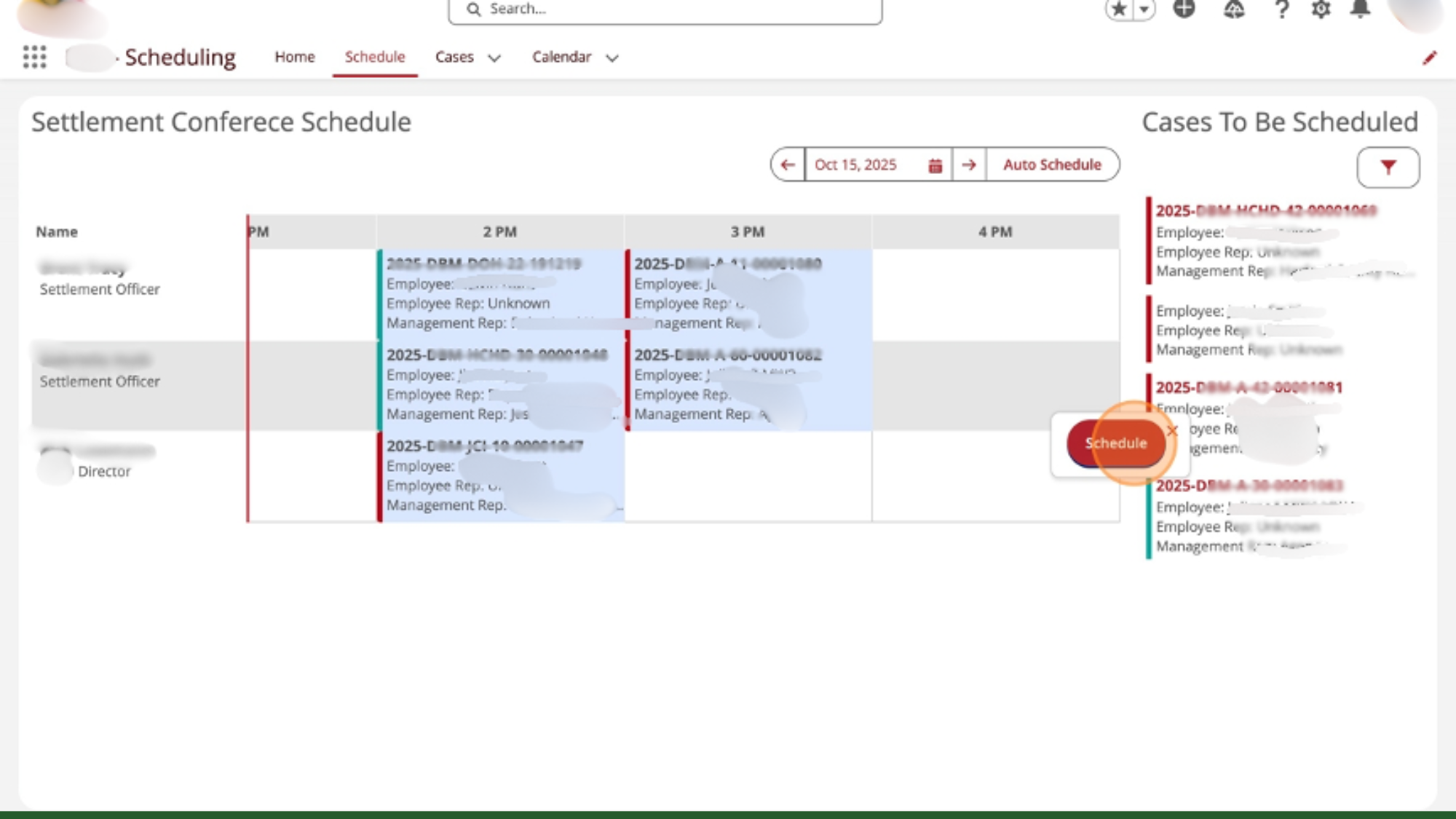 Visual drag-and-drop settlement conference scheduling interface