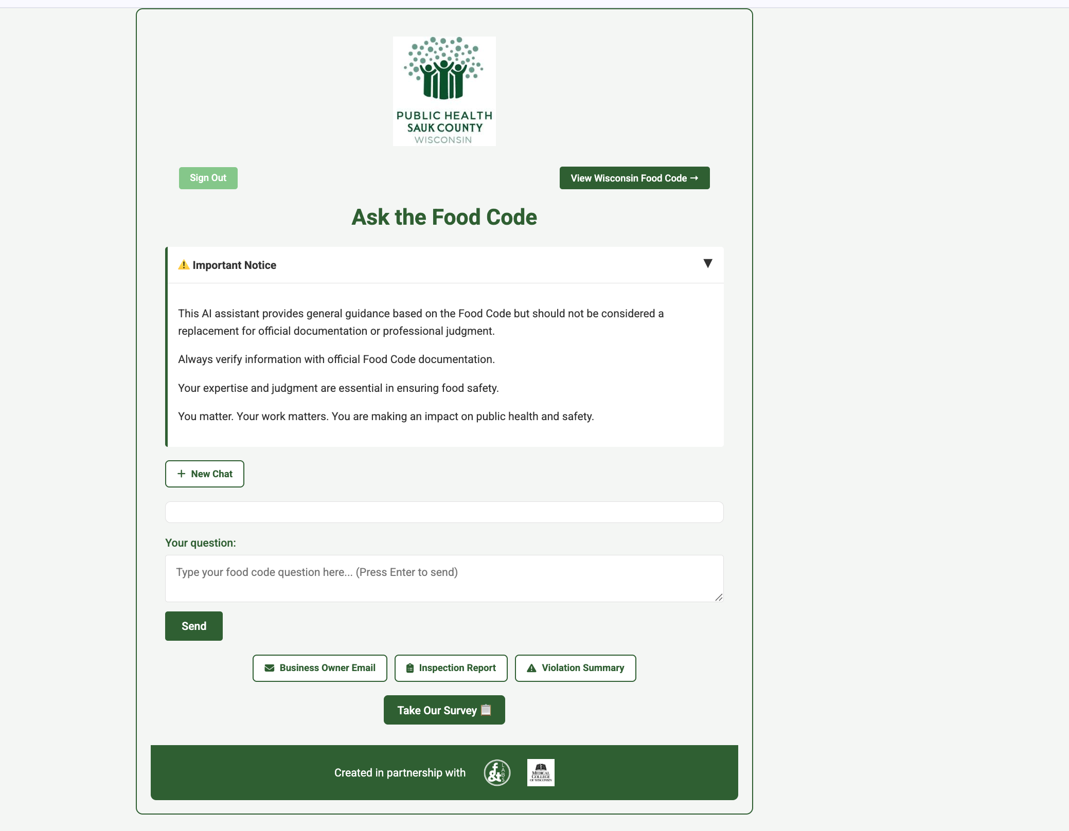Sauk County Food Code Assistant — Ask the Food Code chat interface