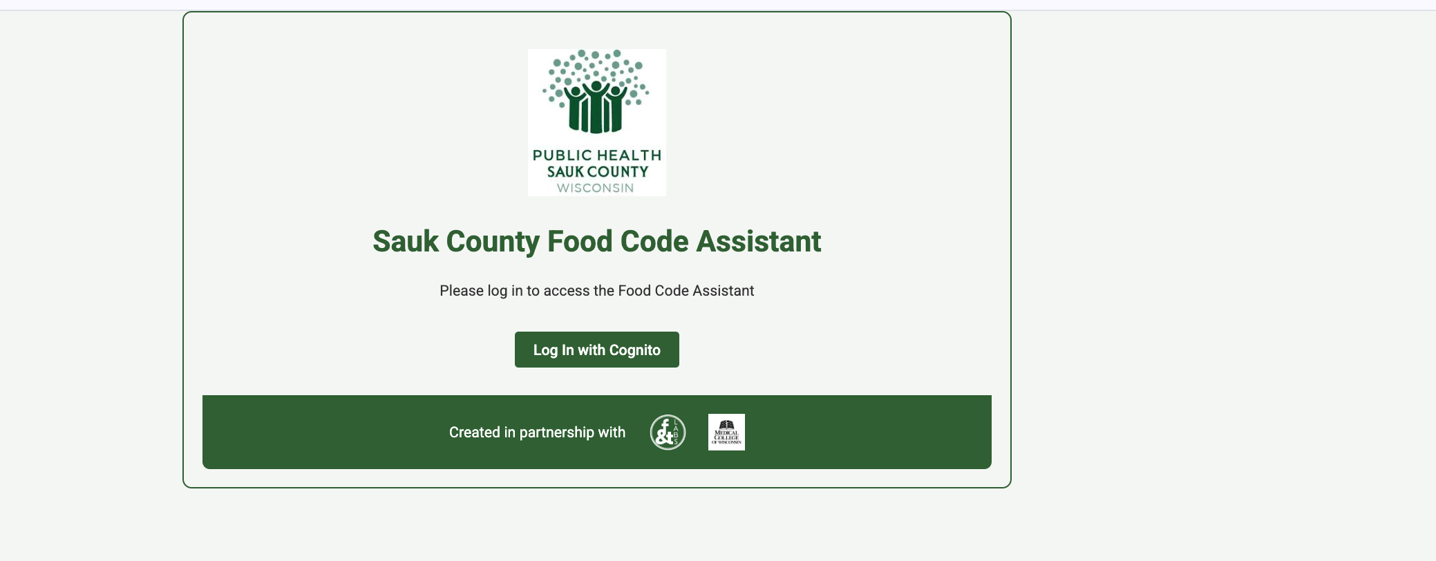 Sauk County Food Code Assistant — login screen
